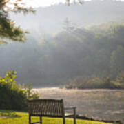 Morning Rays On The Pond And Bench Art Print