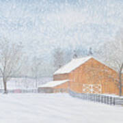 New Barn In Snowstorm Art Print