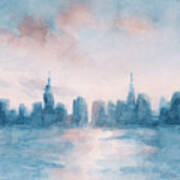 New York City Skyline Coral And Aqua Art Print