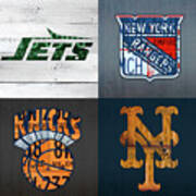 New York Sports Team License Plate Art Collage Jets Rangers Knicks Mets V2 Art Print
