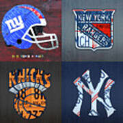New York Sports Team License Plate Art Giants Rangers Knicks Yankees Art Print