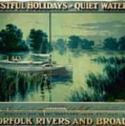 Norfolk Rivers And Broads - Vintage Illustrated Poster Of A Boat In The Waters Art Print
