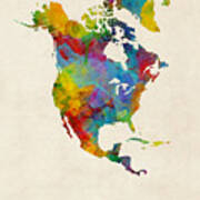North America Continent Watercolor Map Art Print