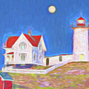 Nubble Lighthouse With Moon Art Print