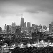 Ominous Skies Over Chicago City Skyline - Bw Art Print