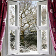 Open Window With Winter Scene Art Print