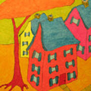 Orange Umbrella Tree And Three Homes Art Print