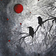 Original Abstract Surreal Raven Red Blood Moon Painting The Overseers By Madart Art Print