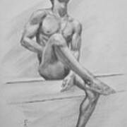 Original Drawing Charcoal Male Nude Boy Man On Paper #16-3-29-01 Art Print