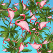 Palm Tree And Flamingos Art Print