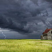 Panorama Photograph Of A Thunderstorm On The Prairie With Abandoned Farmhouse Art Print