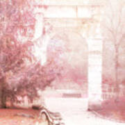Paris Park Monceau Gardens Landscape - Dreamy Romantic Paris Pink Park Bench Park Monceau Art Print