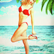 Pin-up Beach Blonde In Red Bikini Art Print