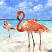 Pink Flamingos On The Beach Art Print