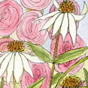 Pink Hollyhock And White Coneflowers Art Print