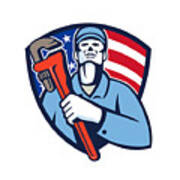 Plumber Holding Wrench Usa Flag Shield Retro Art Print