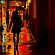 Rain - City Night - Woman With Umbrella Art Print