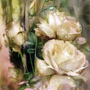 Raindrops On Antique White Roses Art Print