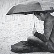 Reading In The Rain - Umbrella Art Print