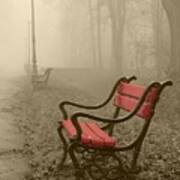 Red Bench In The Fog Art Print