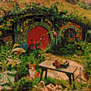 Red Door Hobbit House With Corgi Art Print