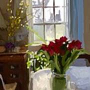 Red Tulips And Forsythia In East Gloucester, Ma Dining Room Art Print