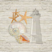 Refreshing Shores - Lighthouse Starfish Nautilus N Conch Over Driftwood Background Art Print