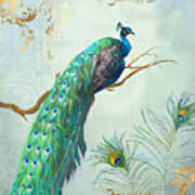 Regal Peacock 1 On Tree Branch W Feathers Gold Leaf Art Print
