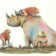 Rhino And Baboons Art Print