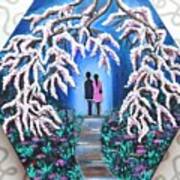 Romance Under Cherry Blossom Textured Hexagonal Painting Art Print