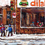 Rue Notre Dame Montreal Winter Street Scene Paintings Dilallo Burger Hockey Scenes Canadian Art Art Print