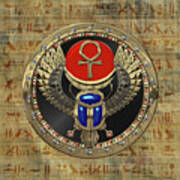 Sacred Egyptian Winged Scarab With Ankh In Gold And Gems Over Papyrus Covered With Hieroglyphics Art Print
