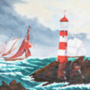 Sailing Past The Lighthouse Art Print