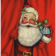 Santa Claus Behind Curtain With Little Gift Art Print