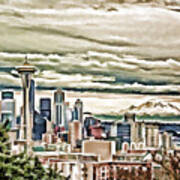 Seattle Skyline In Fog And Rain Art Print