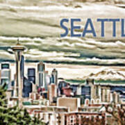 Seattle Skyline In Fog And Rain Text Seattle Art Print