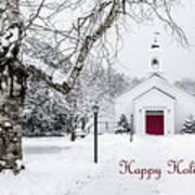 Serene Snowy Chapel - Happy Holidays Art Print