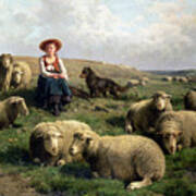 Shepherdess With Sheep In A Landscape Art Print