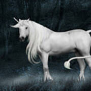 Silver Unicorn Standing In Misty Forest Art Print