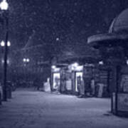 Snowfall In Harvard Square Cambridge Ma Kiosk Monochrome Blue Art Print
