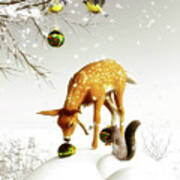 Squirrels And Deer Christmas Time Art Print