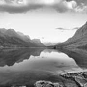 St Mary Lake Clouds And Sunrise Black And White Art Print