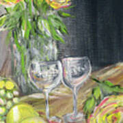 Still Life With Lemons, Roses  And Grapes. Painting Art Print