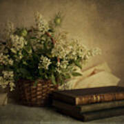 Still Life With Old Books And White Flowers In The Basket Art Print