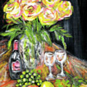 Still Life With Roses, Fruits, Wine. Painting Art Print