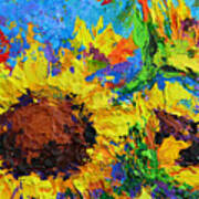 Sunflower Bunch, Modern Impressionistic Floral Still Life Palette Knife Work Art Print