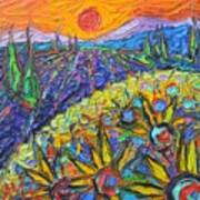 Sunflowers And Lavender Fields At Sunset 9 Impressionist Knife Oil Painting By Ana Maria Edulescu Art Print