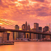 Sunset Over Brooklyn Bridge In New York City Skyline Panorama Photograph By Ranjay Mitra The brooklyn bridge at sunset as a couple walks hand in hand over the bridge towards the nyc skyline. sunset over brooklyn bridge in new york city skyline panorama by ranjay mitra