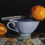 Teacup, Fork, And Two Oranges On Granite Art Print