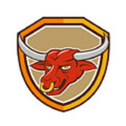 Texas Longhorn Red Bull Head Shield Cartoon Art Print